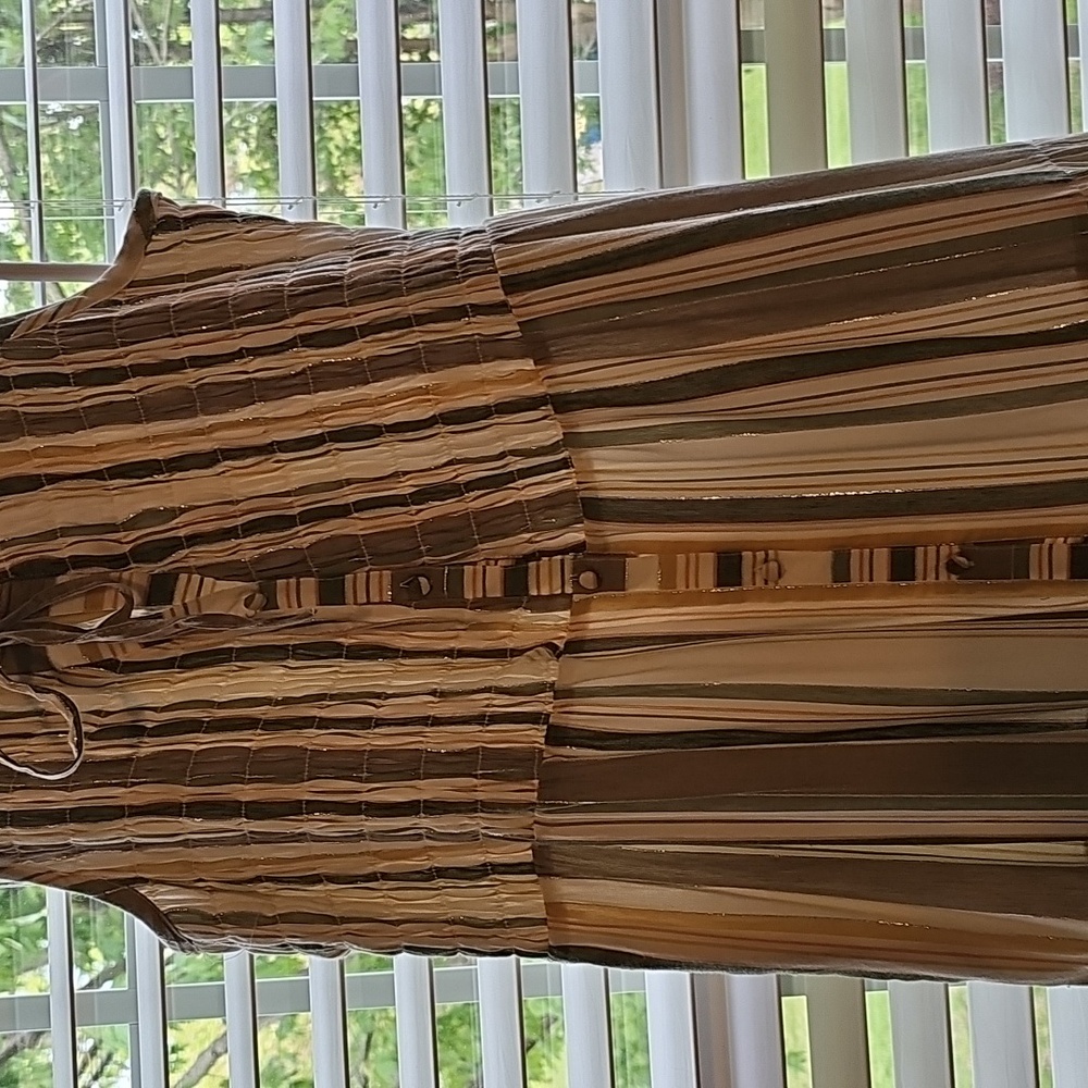 Green, Silver, White, and Peach Striped Button Down Rufflr Sleeveless Maxi Dress - Picture 4 of 8